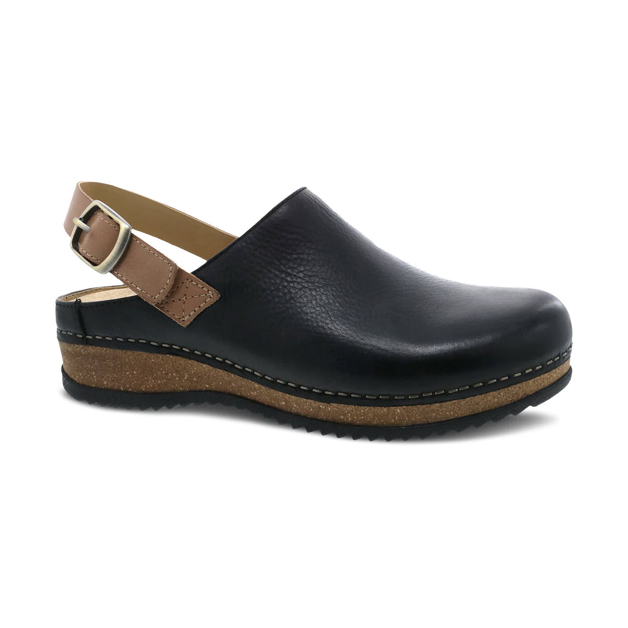 A Dansko DANSKO MERRIN BLACK WAXY - WOMENS black leather clog with a brown adjustable strap and buckle, featuring a sustainable cork sole and black rubber outsole.