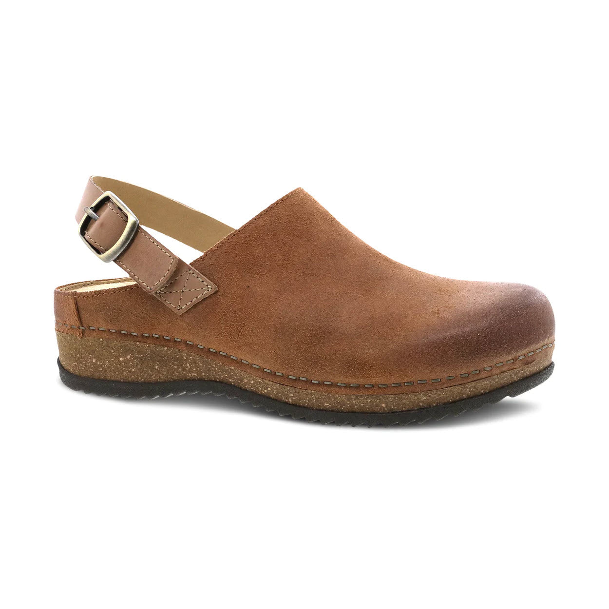 A Dansko DANSKO MERRIN TAN - WOMENS featuring a slingback strap with a silver buckle and a sole made from sustainable cork.