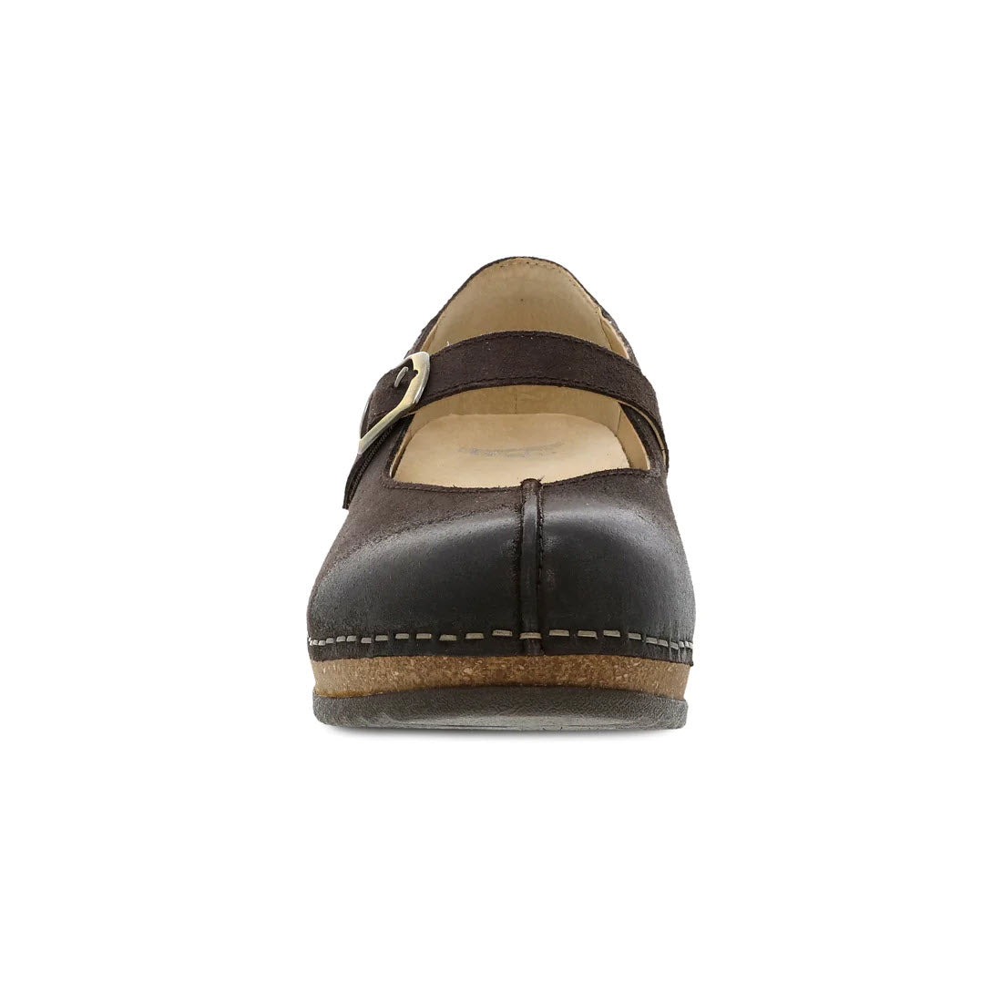 Front view of the DANSKO MIKA CHOCOLATE BURNISHED SUEDE closed-toe Mary Jane shoe by Dansko, featuring a strap, stitching detail on the sole, and a sustainable cork midsole.