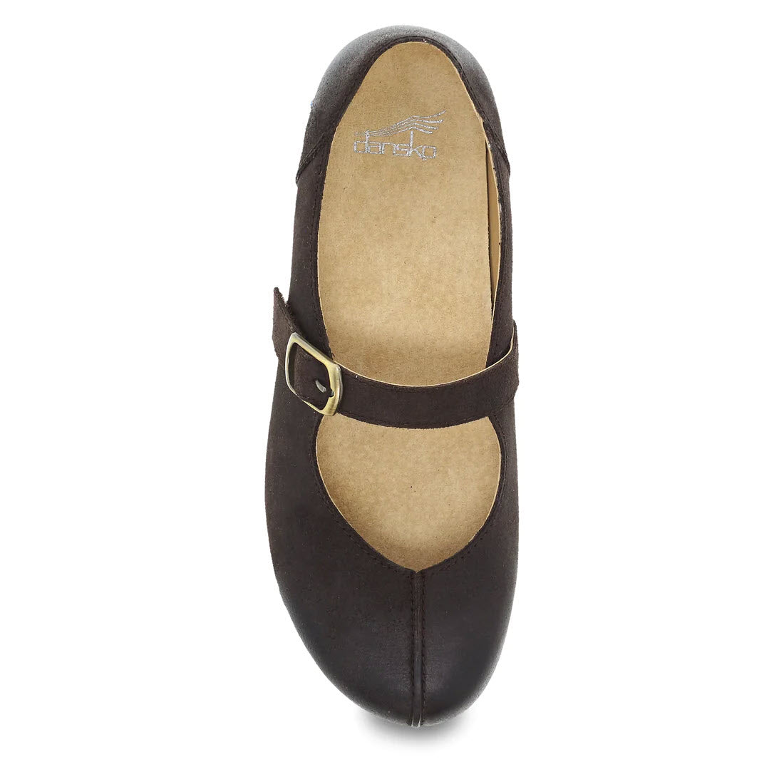 Top view of a single Dansko Mika Chocolate Burnished Suede Mary Jane shoe for women, showcasing a brass buckle strap across the instep, crafted from high-quality leathers and featuring a sustainable cork midsole.