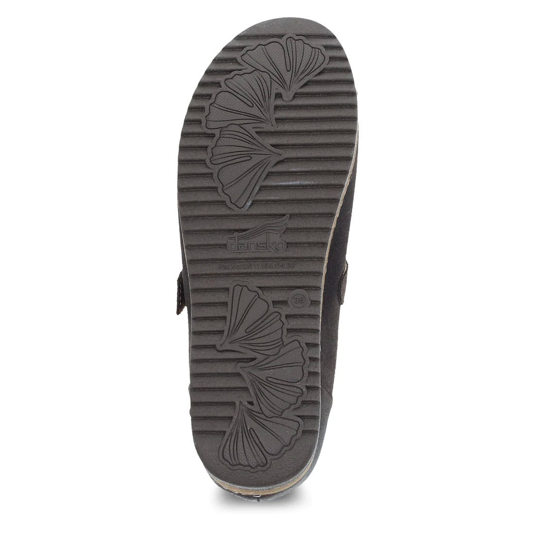 The image portrays the outsole of the DANSKO MIKA CHOCOLATE BURNISHED SUEDE shoe, showcasing a textured tread pattern with leaf-like designs and the brand name &quot;Dansko&quot; prominently displayed in the center. This high-quality footwear combines premium leathers with patented stapled construction for exceptional durability.