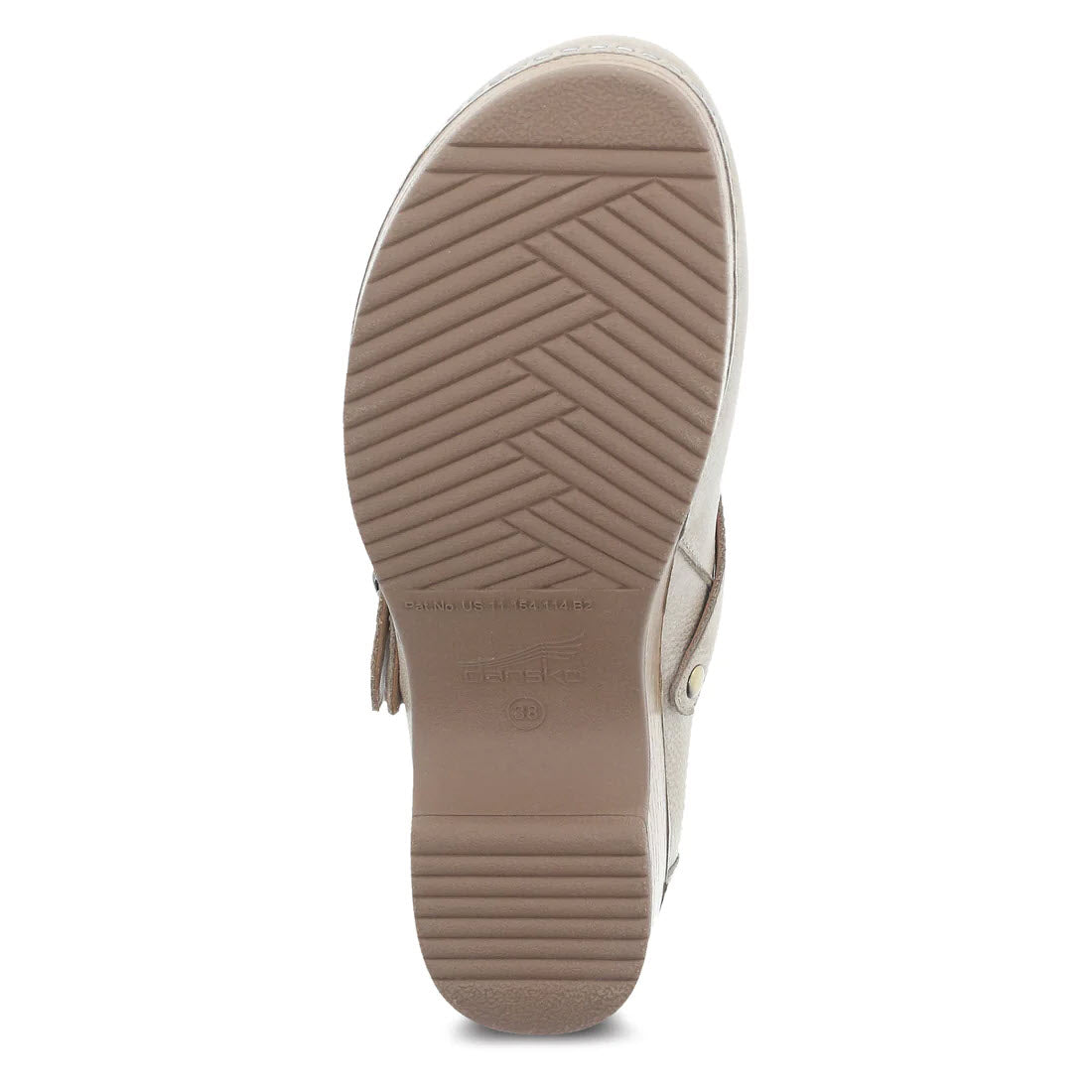 The image shows the sole of a beige mule from the Dansko Berry Oyster Milled collection for women, featuring a herringbone tread pattern and the brand “Dansko” engraved near the heel.