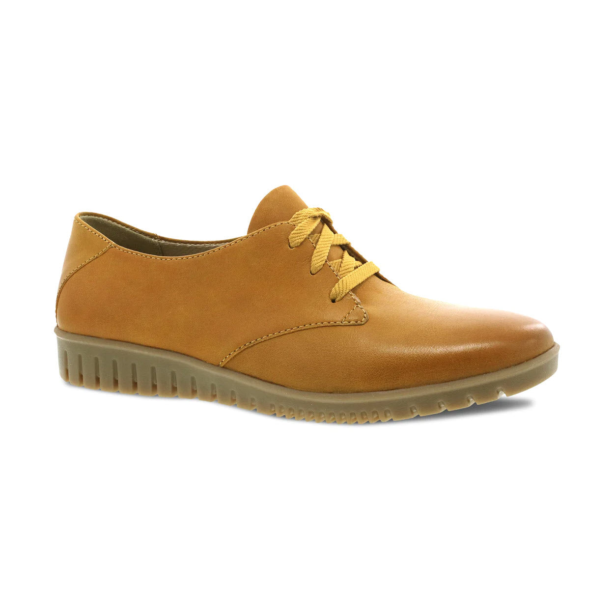 A single mustard burnished leather Oxford shoe for women, featuring a lace-up front, Dansko Natural Arch® technology, and a light brown rubber sole from the Dansko Libbie collection.