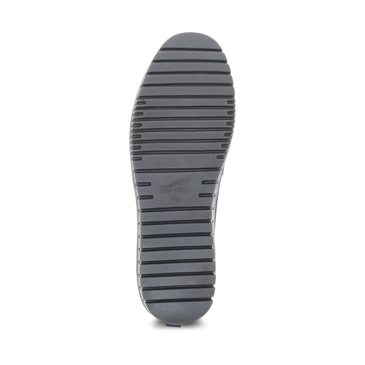 Bottom view of the DANSKO LINLEY BLACK BURNISHED shoe sole with horizontal grooves, showcasing its tread pattern and the support provided by Dansko Natural Arch® technology.