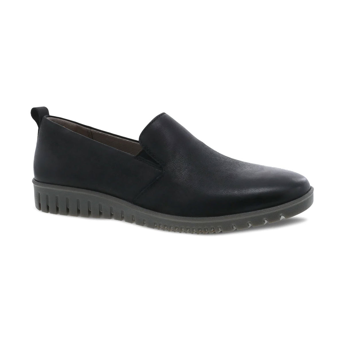 The DANSKO LINLEY BLACK BURNISHED slip-on shoe for women by Dansko features a thick, ridged sole and a small pull tab at the back, crafted from buttery soft leathers.