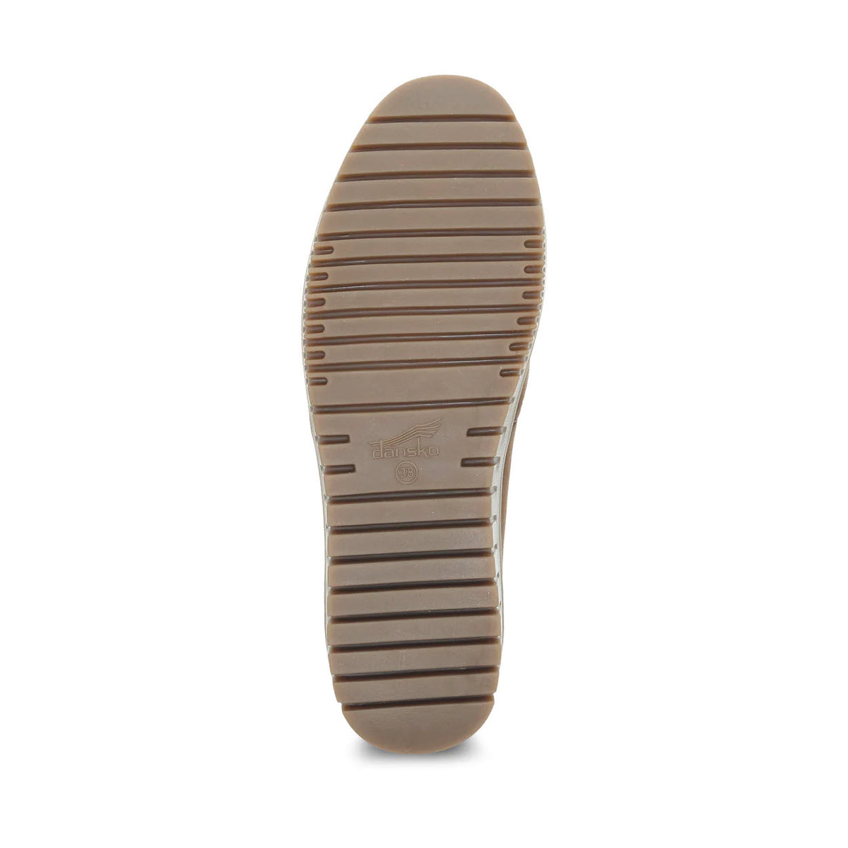 The image shows the bottom view of the DANSKO LINLEY TAN BURNISHED - WOMENS shoe sole featuring horizontal grooves for traction and a molded arch shape, characteristic of Dansko&#39;s Natural Arch support.