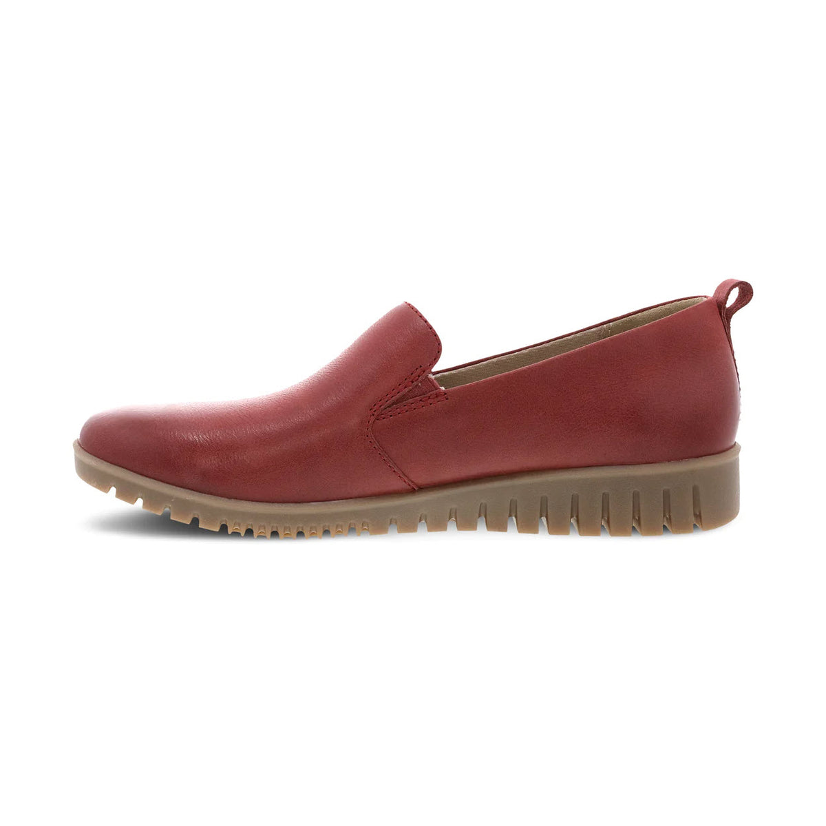 Side view of the Dansko Linley Red Burnished slip-on leather shoe for women, featuring buttery soft leathers, a rubber sole, and a molded arch shape.