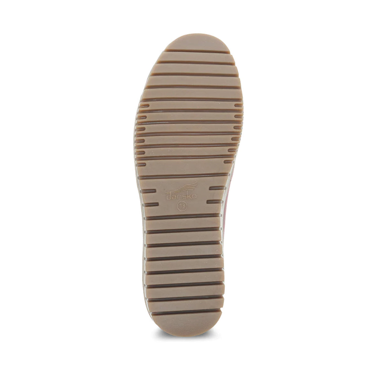 The DANSKO LINLEY RED BURNISHED - WOMENS shoe by Dansko features a light brown sole with horizontal treads, the Dansko logo, and size number imprinted on the underside. It also includes a molded arch shape for added support.