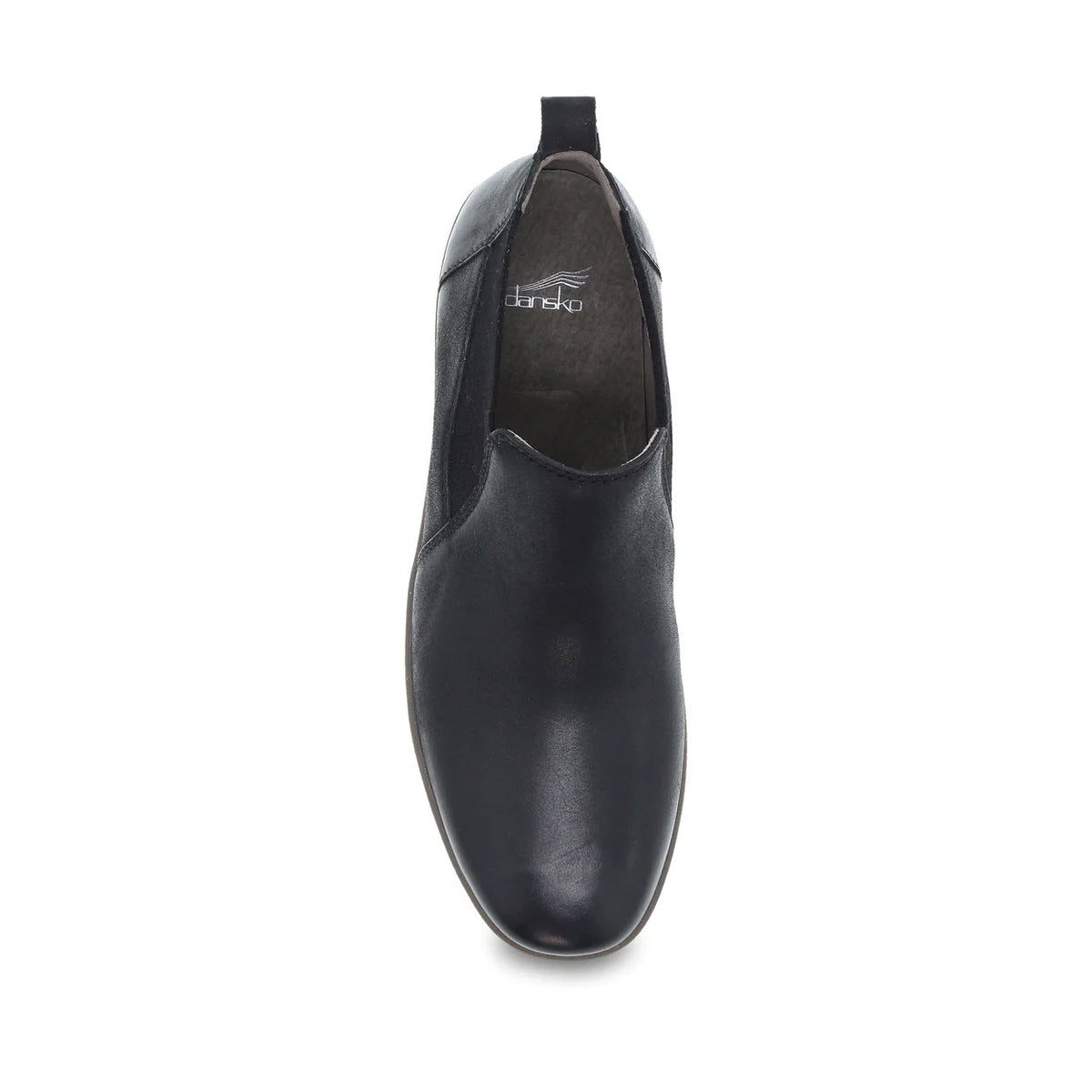 Top view of a single DANSKO LOUISE BLACK BURNISHED women&#39;s low-top bootie with a round toe and a small pull tab at the back, featuring Dansko Natural Arch technology for added comfort.