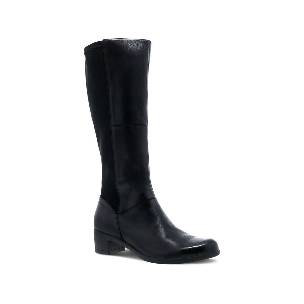 Dansko DANSKO CELESTINE BLACK BURNISHED - WOMENS knee-high boot with a low block heel, round toe, sleek silhouette, and smooth finish made from sustainable leather.