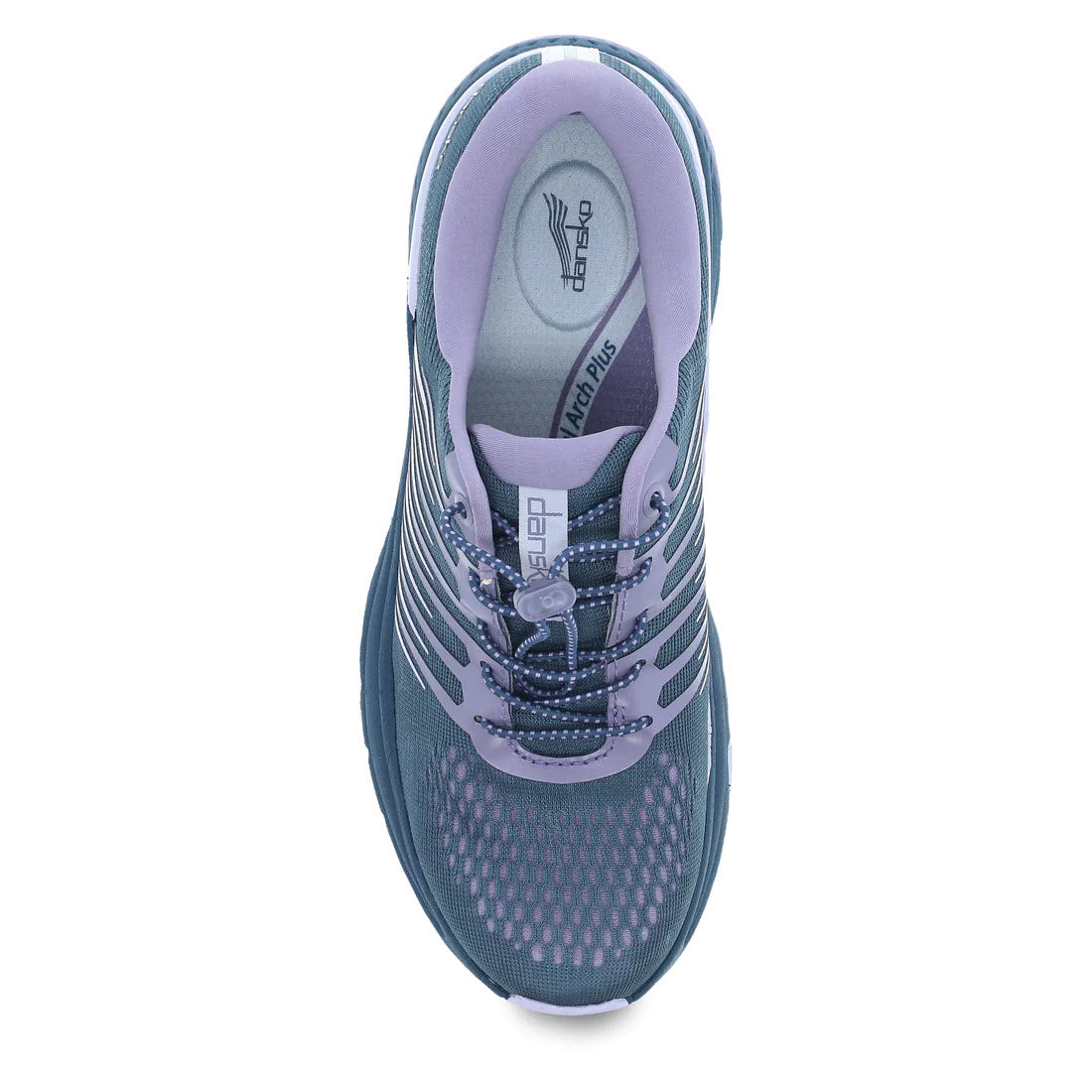 Top view of a sporty walking sneaker with a mesh upper in shades of blue and purple. The shoe has laces, features Dansko branding on the insole and tongue, and includes a supportive footbed for added comfort. The sneaker is the DANSKO PENNI DENIM MESH - WOMENS.