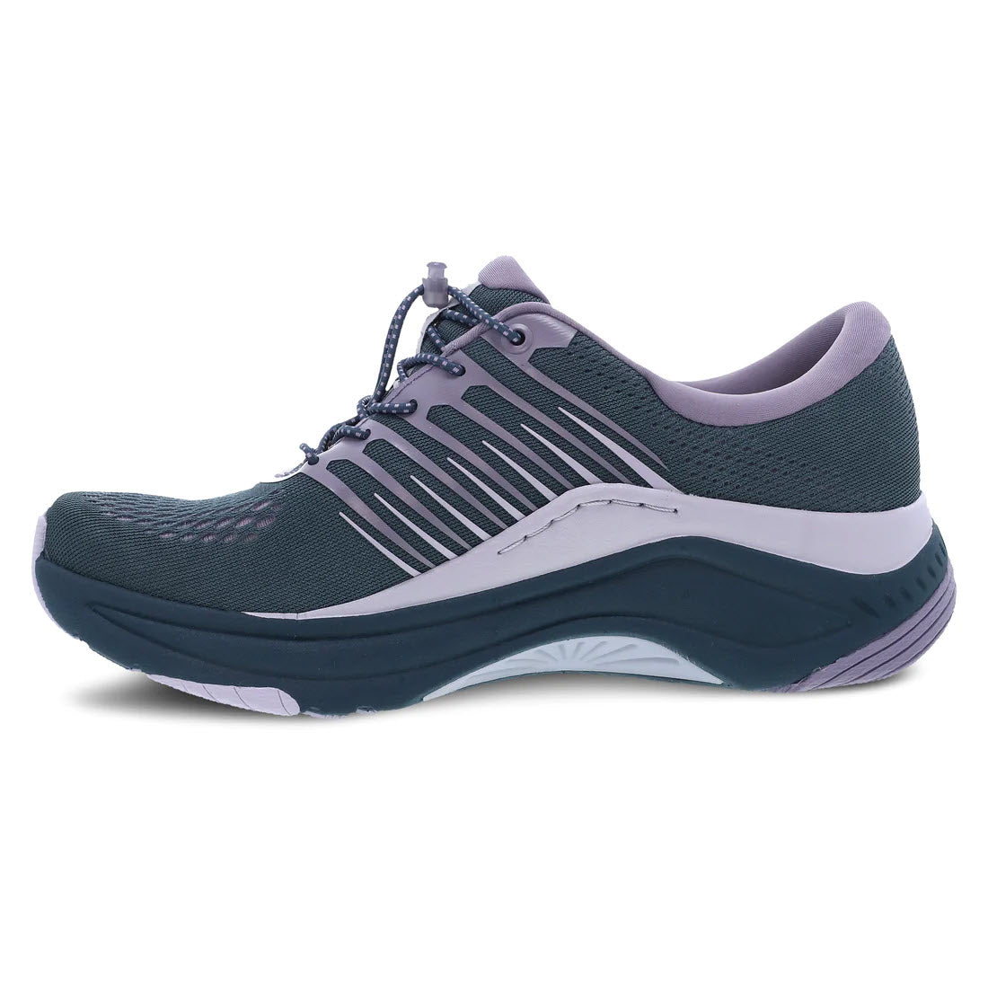 Side view of a dark and light purple Dansko DANSKO PENNI DENIM MESH - WOMENS athletic shoe with a mesh upper, lace-up closure, and thick sole; features Dansko Natural Arch Plus™ technology for added support.