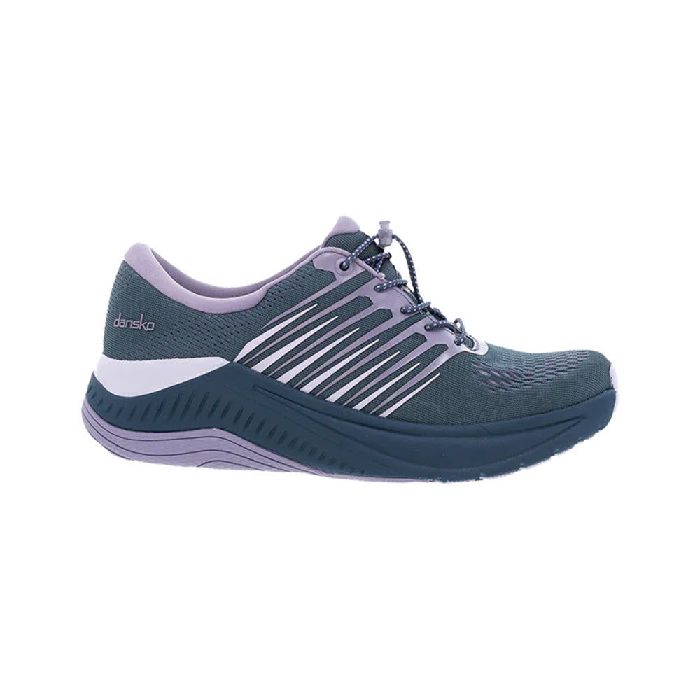 A gray and purple sporty walking sneaker with a thick sole and lace closure, featuring Dansko Natural Arch Plus™ technology for a supportive footbed and the brand &quot;Dansko&quot; on the heel is called DANSKO PENNI DENIM MESH - WOMENS.