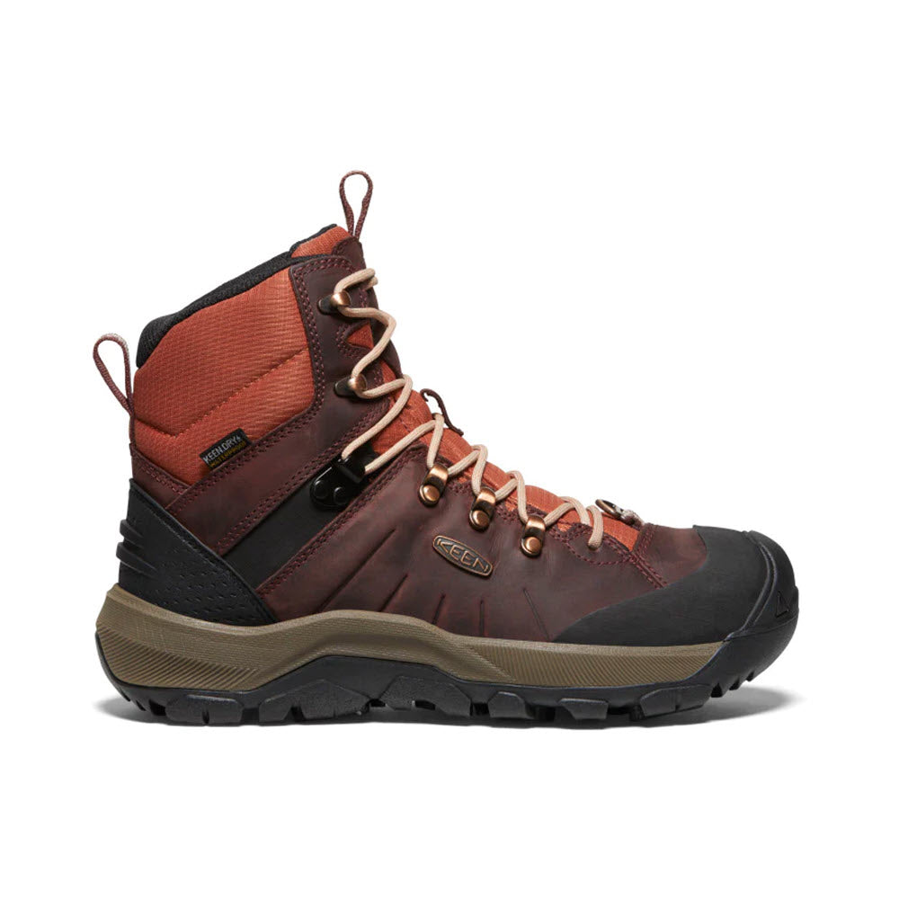 A brown, high-top winter boot with beige laces and black accents, featuring a rugged rubber sole designed for exceptional grip in outdoor use: the KEEN REVEL IV MID POLAR ANDORRA/SAFARI - WOMENS by Keen.