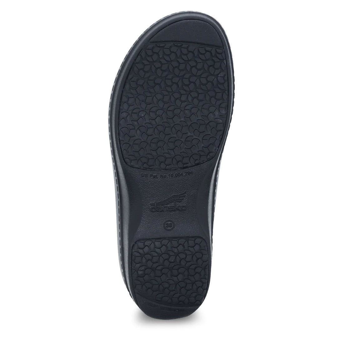 The image shows the black sole of a Dansko DANSKO KACI BLACK - WOMENS shoe with a textured pattern, designed for slip-resistant grip and enhanced arch support.