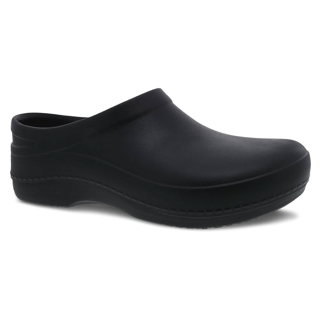 A single DANSKO KACI BLACK - WOMENS slip-on clog with a rounded toe and a slightly elevated heel, featuring a thick sole with visible tread and exceptional arch support from Dansko.