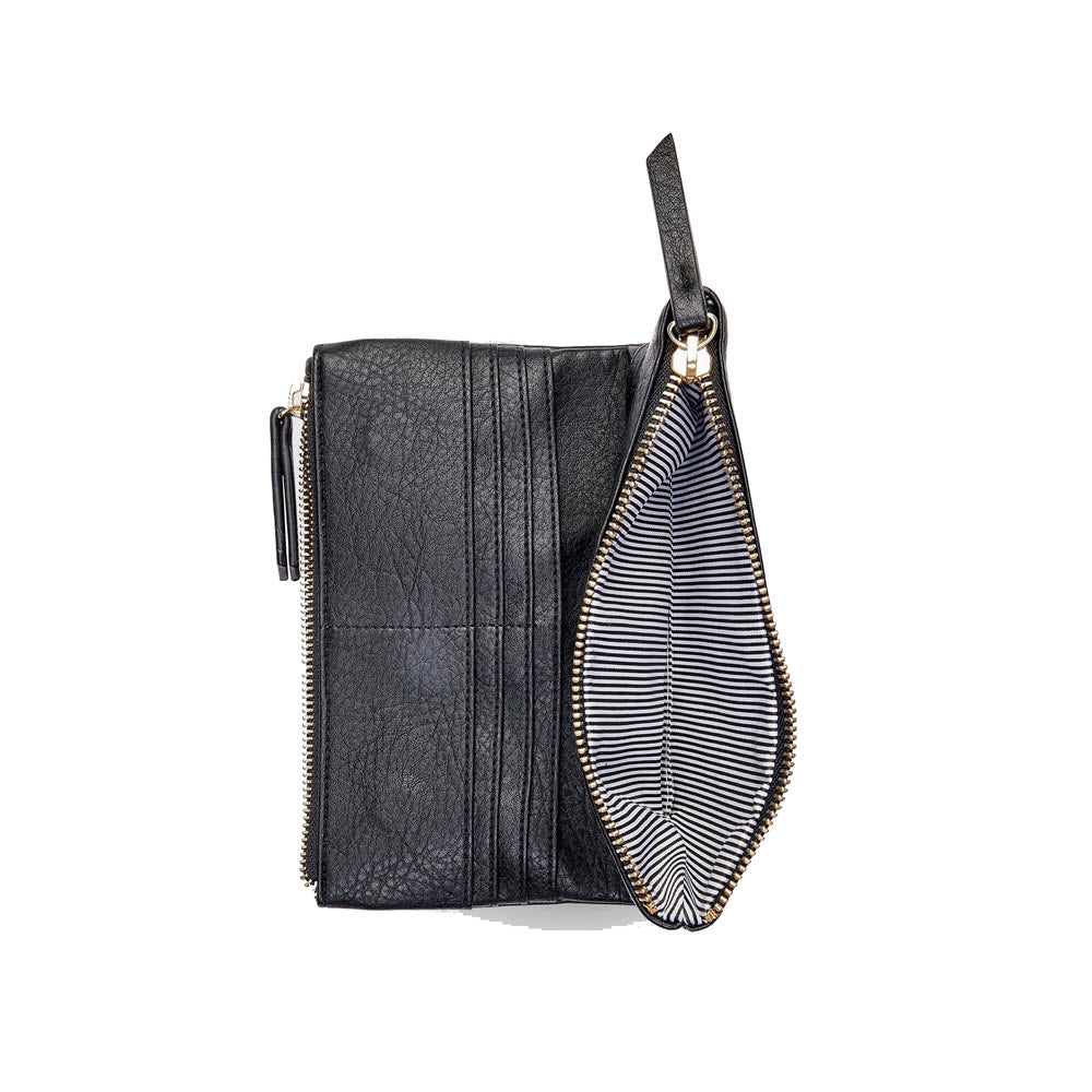 A Louenhide LOUENHIDE DELTA WALLET BLACK made of black vegan leather features an open zippered compartment, revealing a stylish black and white striped lining.