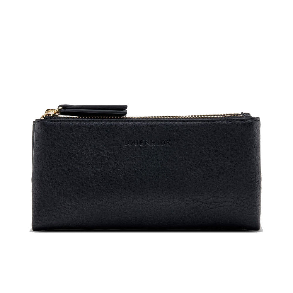 A black leather zippered pouch with a gold zipper and a small tassel attached to the zipper pull. The brand name &quot;Louenhide&quot; is embossed on the front, making it a chic and functional carry-all wallet for your essentials. This LOUENHIDE DELTA WALLET BLACK by Louenhide is perfect for keeping you organized in style.