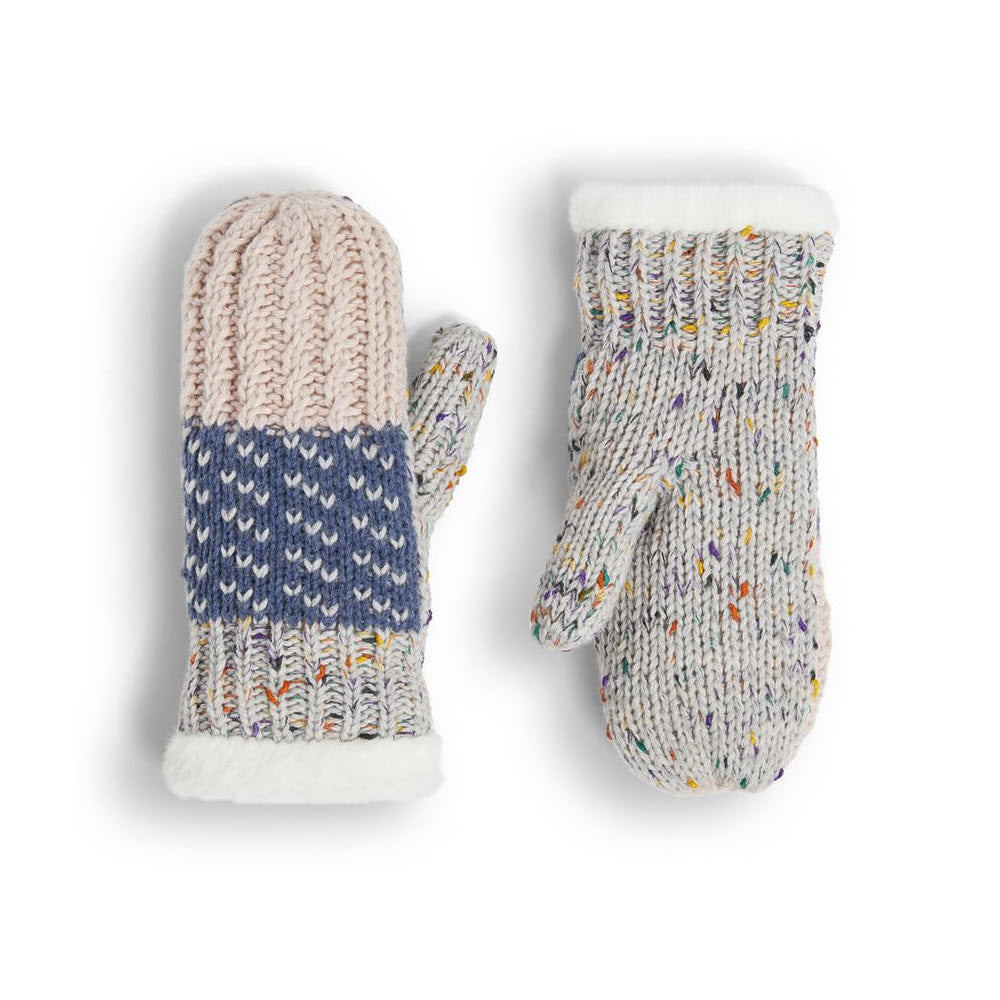 Two COCO &amp; CARMEN LUMI MITTENS BLUSH/NAVY from Coco &amp; Carmen, one showing the back and the other showing the front. The mittens, crafted from an acrylic and wool blend, feature a ribbed design with a mix of colors including beige, gray, and blue, complemented by white furry cuffs.