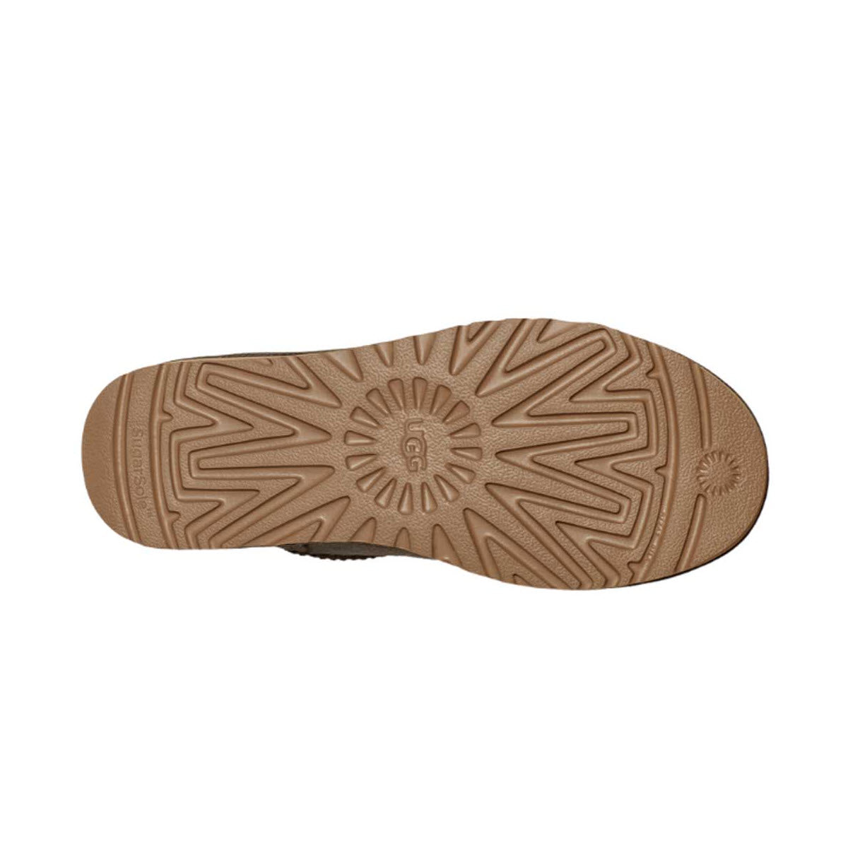 The image showcases the sole of an Ugg Classic Ultra Mini Forest Night - Womens shoe with a textured pattern and the &quot;UGG&quot; brand logo in the center. The light brown sole, featuring a Treadlite outsole with grooves for traction, complements the comfort of its sheepskin insole.