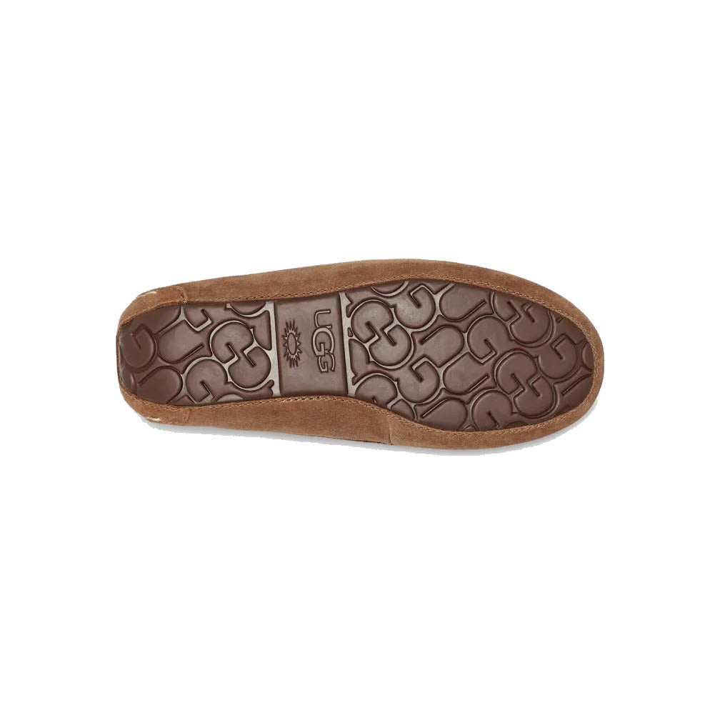 A brown suede slipper with a patterned rubber sole and the text &quot;Ugg&quot; embossed in the center, featuring a cozy wool lining for indoor-outdoor comfort is the UGG ANSLEY CHESTNUT - WOMENS.