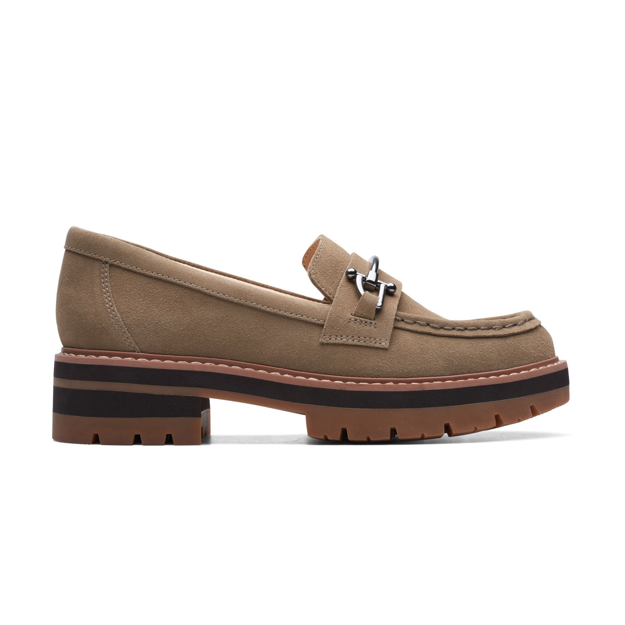 Side view of the Clarks Orianna Bit Dark Sand suede loafer, featuring suede uppers, a chunky black and brown outsole, and horsebit hardware detail on the upper.