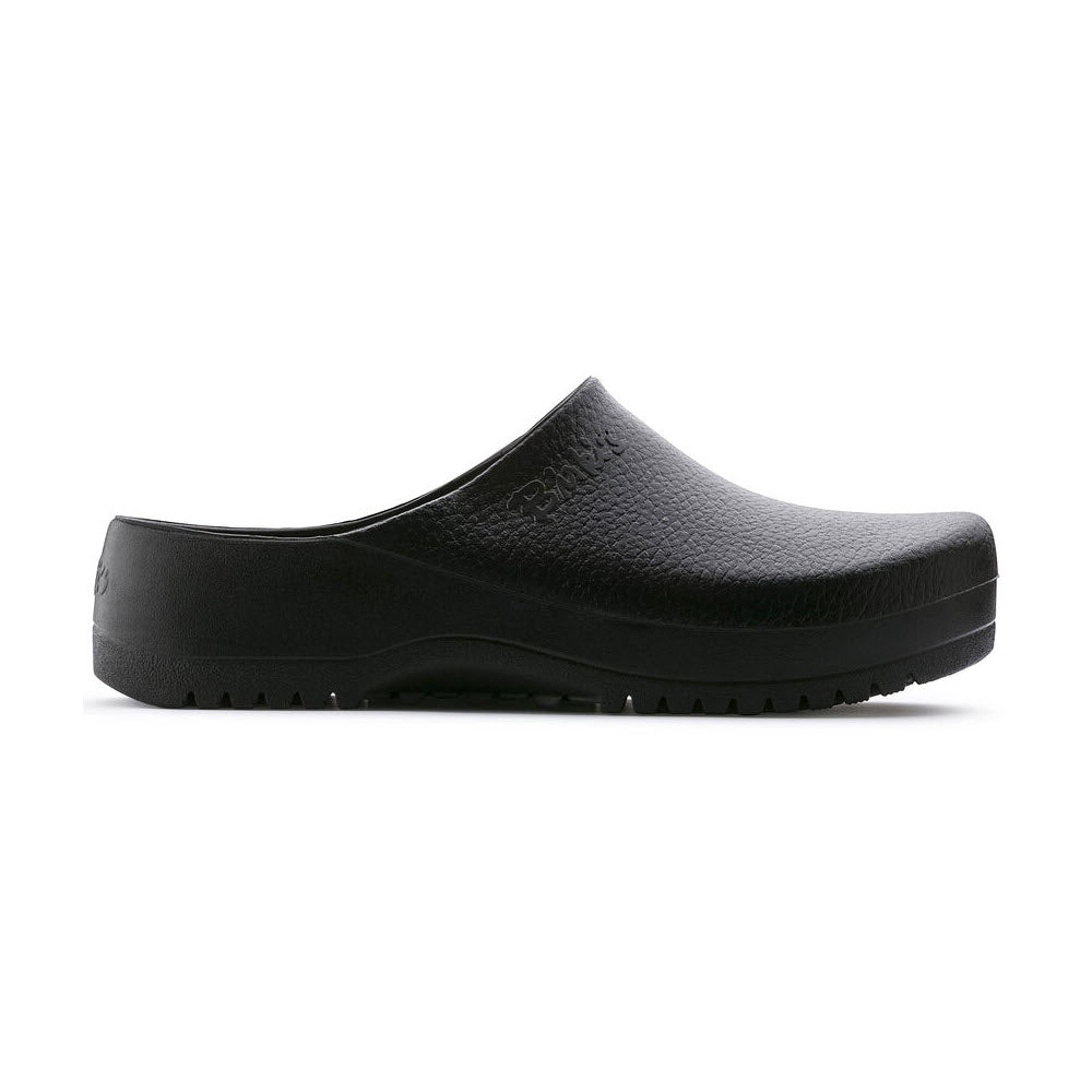 A single black Birkenstock BIRKENSTOCK SUPER BIRKI BLACK - ADULTS closed-toe clog with a slip-on design, textured upper, and sturdy sole, viewed from the side. This versatile kitchen clog is also a water-resistant shoe suitable for various environments.