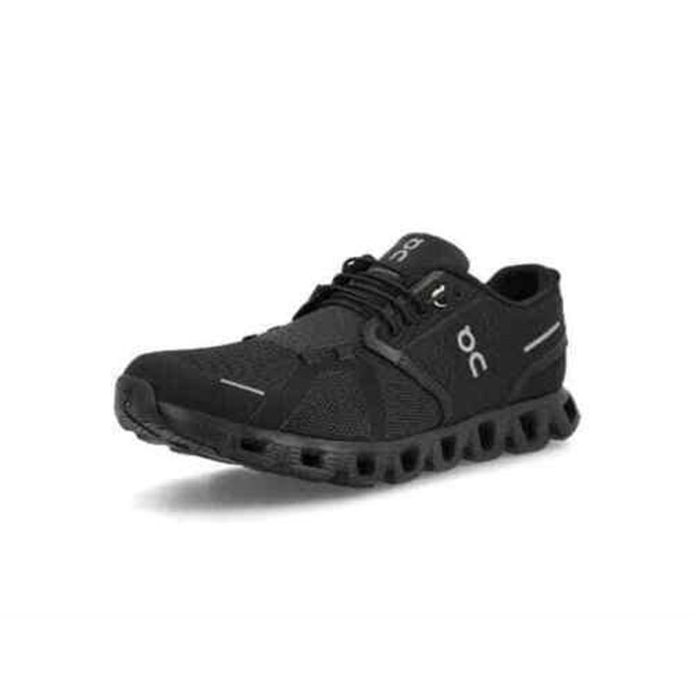 A black athletic shoe with a unique, cushioned sole design for more comfort and an improved fit. The lace-up closure ensures security, while the On Running logo is visible on the side and tongue of this ON RUNNING CLOUD 5 ALL BLACK - WOMENS fan favorite.