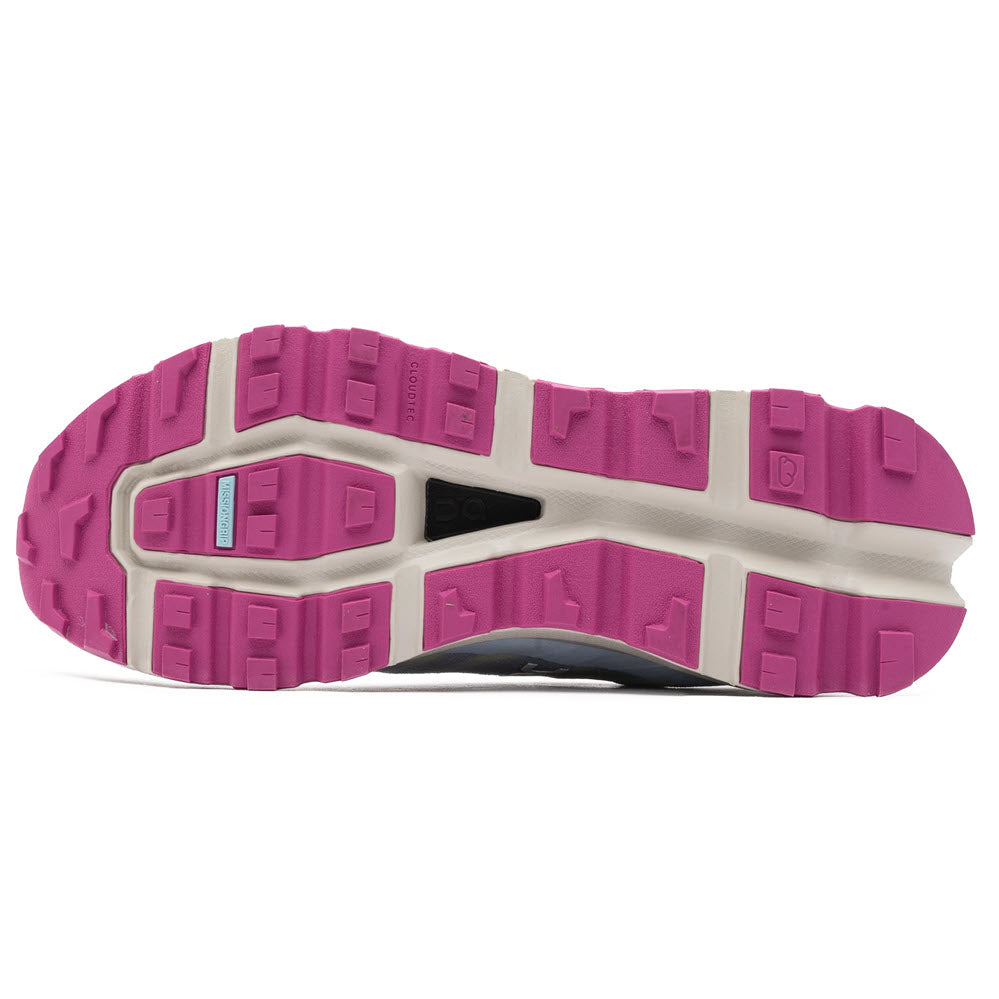 The image showcases the sole of the On Running Cloudvista Heather/Rhubarb Women&#39;s shoe, featuring a pink tread, white sections, and black details. This rugged design is ideal for trail runners and guarantees excellent traction during outdoor adventures.