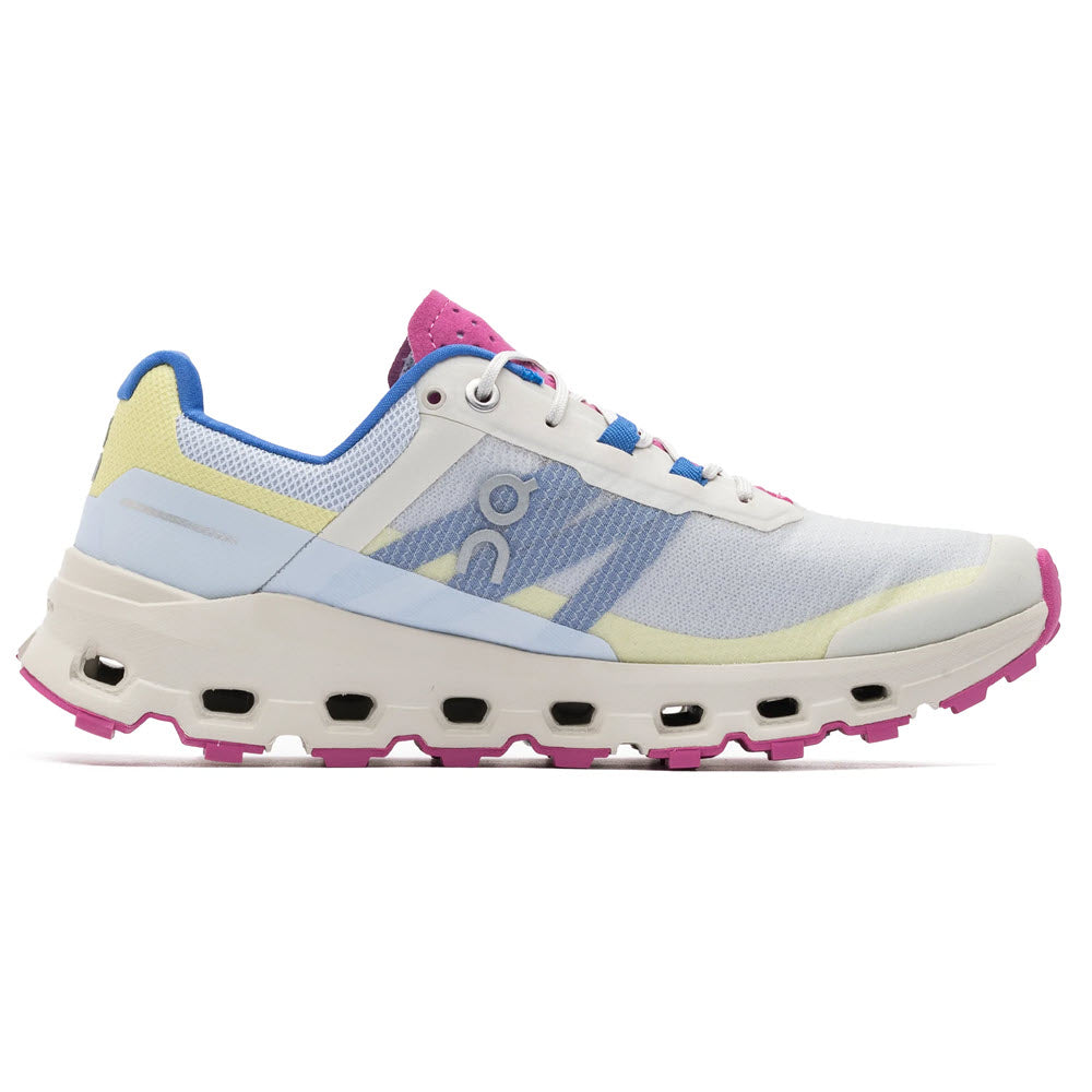 A side view of the On Running Cloudvista Heather/Rhubarb - Women&#39;s, a white athletic sneaker with pink accents, blue laces, and a unique sole design featuring multiple holes—perfect for trail runners and outdoor adventures.