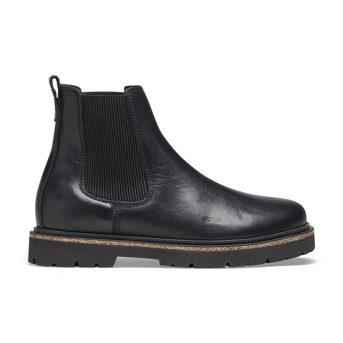 Black leather Chelsea boot with a sturdy, textured sole and an elastic side panel for easy wear. Featuring a Deep Blue Footbed, this natural leather design ensures comfort and durability. The product is the BIRKENSTOCK HIGHWOOD DEEP BLUE BLACK LEATHER - WOMENS by Birkenstock.