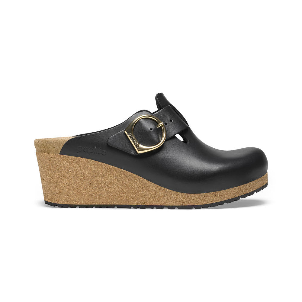 A BIRKENSTOCK PAPILLIO FANNY BLACK LEATHER - WOMENS with a Birkenstock footbed, cork wedge heel, and a metal buckle strap, viewed from the side.