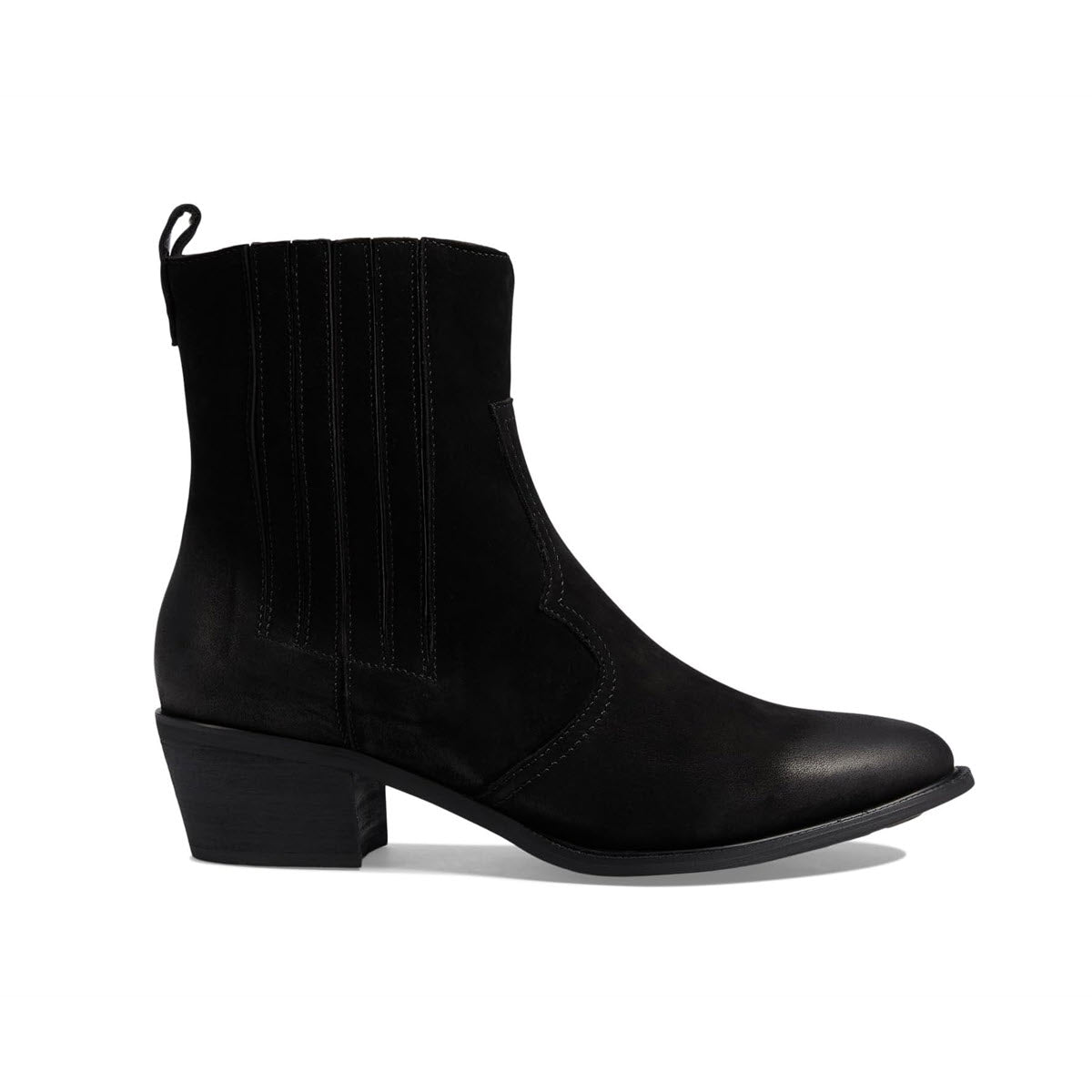 The DAVID TATE BASIL BLACK - WOMENS by David Tate is a black ankle-height leather boot featuring a low, chunky heel, side elastic panels, a burnished leather upper, and a pull tab at the back.