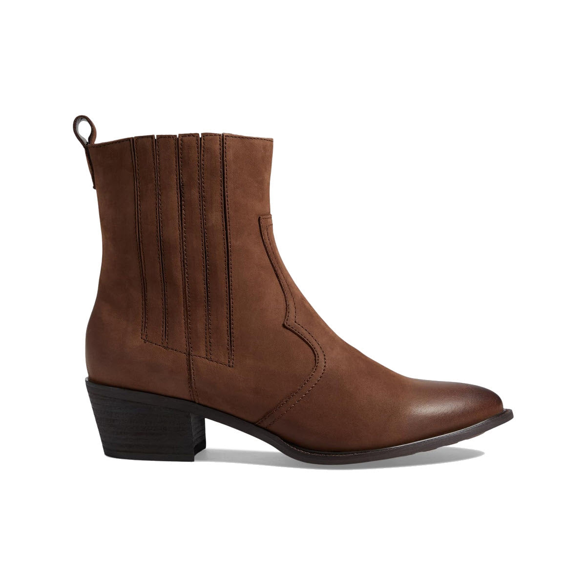 A side view of the DAVID TATE BASIL BROWN - WOMENS booties showcases a brown burnished leather upper, a low heel, and intricate stitching details, combining style with superior arch support.