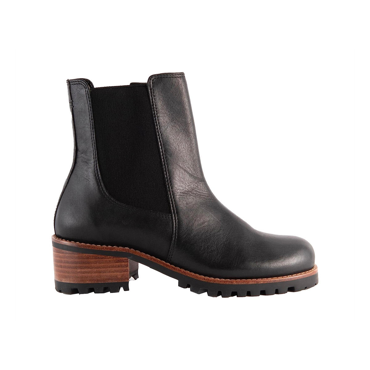 Image of the DAVID TATE SANTORINI BLACK - WOMENS, a single black leather ankle boot from David Tate, featuring a chunky wooden heel, calfskin upper, and comfortable footbed, viewed from the side.