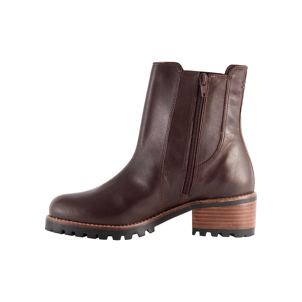 The DAVID TATE SANTORINI BROWN - WOMENS boots by David Tate boast a brown calfskin upper, a side zipper, and a chunky wooden heel, all perfectly complemented by a durable rubber outsole.