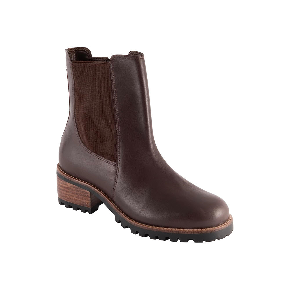 A single David Tate Santorini boot in brown calfskin upper with a block heel and textured rubber outsole, featuring elastic side panels.