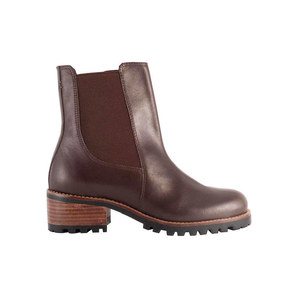 The DAVID TATE SANTORINI BROWN - WOMENS features a single brown leather ankle boot with a chunky, grooved rubber outsole and a low stacked heel. These stylish boots by David Tate include stretch panels on the sides for easy slip-on wear and boast a luxurious calfskin upper.