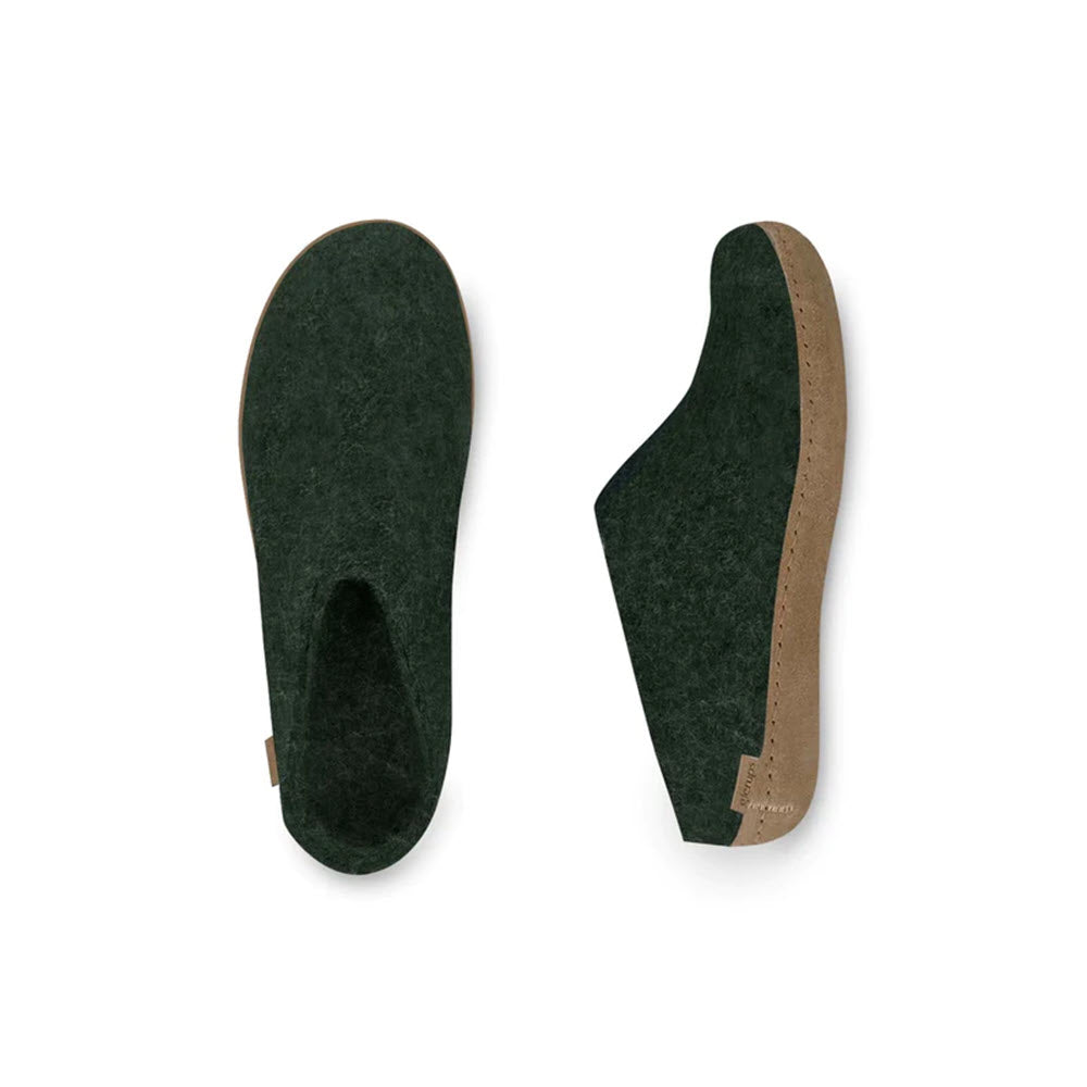 Pair of green felt slip-on house shoes crafted from natural wool with tan rubber soles, shown from top and side views. Product: GLERUPS THE SLIP-ON LEATHER FOREST - ADULTS by Glerups.

