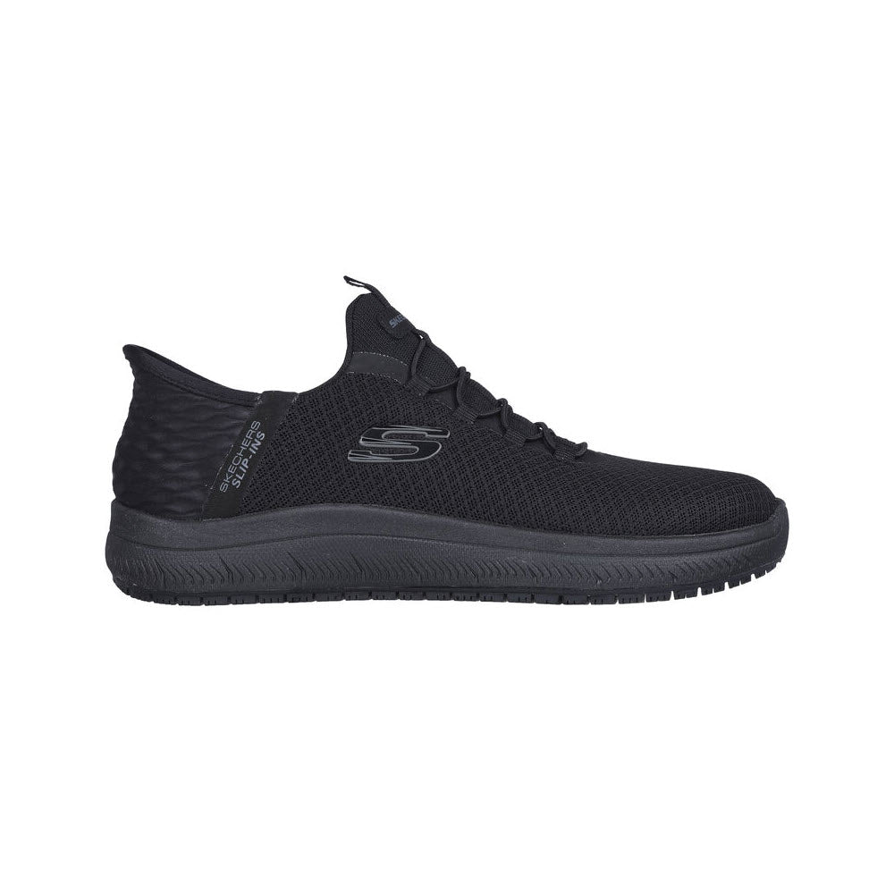 Black Skechers SLIP RESISTANT SUMMIT slip-ins with a memory foam insole and lace-up front, logo on the side, viewed from the lateral side against a white background.