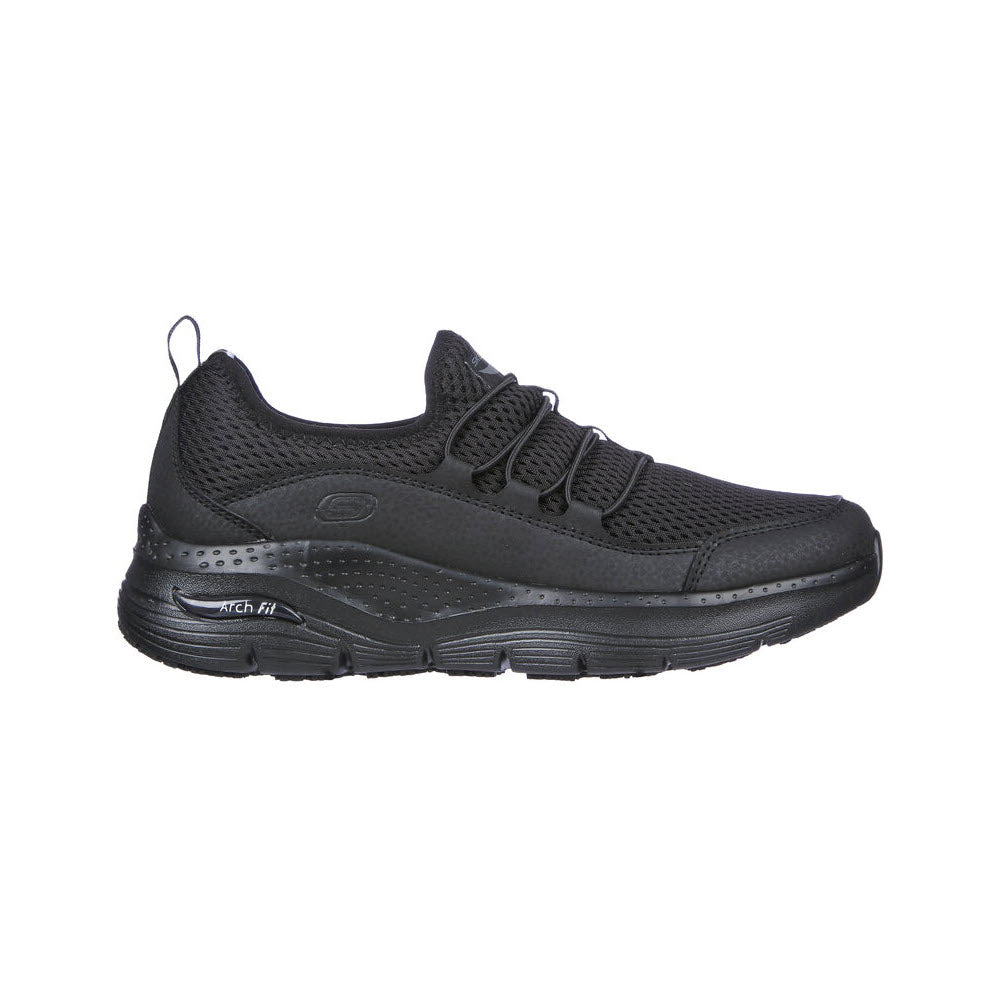 The Skechers SKECHERS ARCH FIT SLIP RESISTANT JITSY BLACK - WOMENS is a black athletic sneaker with a breathable mesh upper, cushioned sole, and looped laces, featuring slip-resistant technology for added safety.