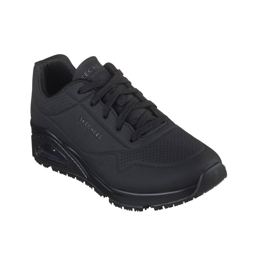 Black Skechers Slip Resistant Uno Lace Oxxford athletic shoe with laces, featuring a low-top design and visible air-cushioned heel.