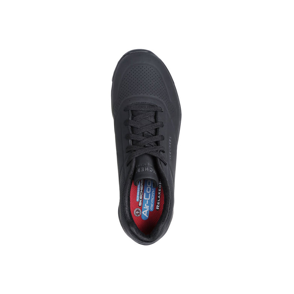 Top view of a black Skechers SLIP RESISTANT UNO LACE OXXFORD BLACK - WOMENS sneaker with laces and visible branding on the insole.