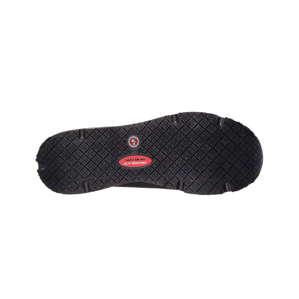 Bottom view of a Skechers slip-resistant shoe sole featuring a black tread pattern and a red brand logo.