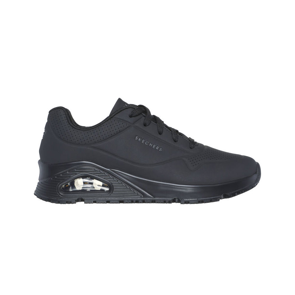 A single black Skechers SLIP RESISTANT UNO LACE OXXFORD sneaker with air-cooled memory foam, showcasing a side profile on a plain white background.