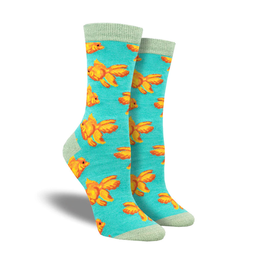 A pair of Socksmith SOCKSMITH GOLDFISH CREW SOCKS TEAL with a pattern of yellow goldfish, featuring grey cuffs, heels, and toes.