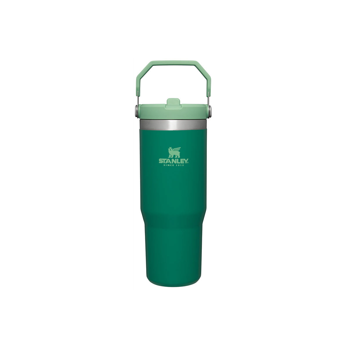 A green STANLEY ICEFLOW TUMBLER 30OZ ALPINE with a handle on the lid, featuring double-wall vacuum insulation for superior temperature retention.