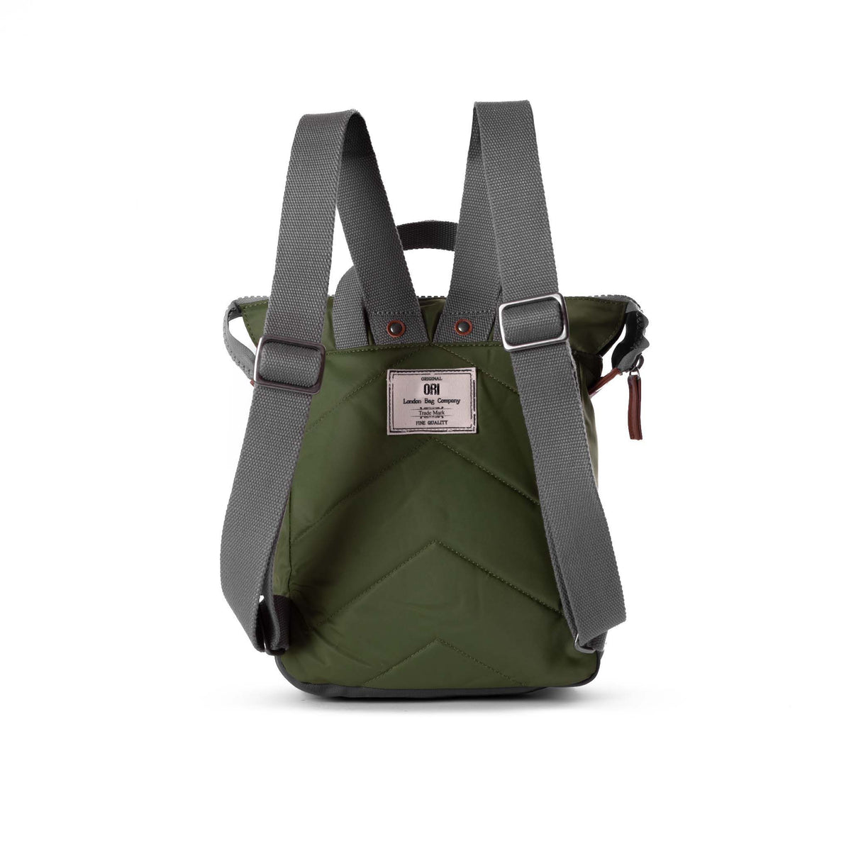 An ORI LONDON BANTRY BACKBACK NYLON SMALL AVOCADO, featuring gray straps and a front label, is displayed against a white background. It includes a water-resistant exterior and a dedicated sleeve for your laptop or tablet.