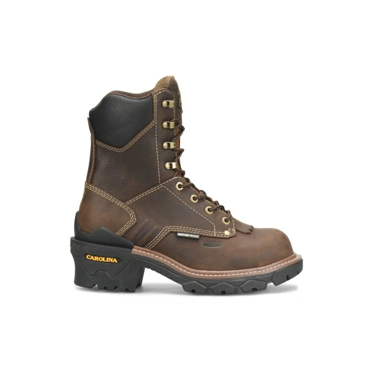 A single brown, high-top, lace-up work boot with a black padded collar, rugged sole, and "Carolina" branding near the heel; this CAROLINA COMP TOE 8 INCH CAPACITY WATERPROOF DARK COFFEE - MENS also features composite lace-to-toe construction.