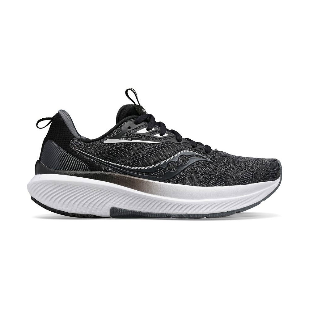 Offering a stable ride for every stride, the Saucony Echelon 9 in black and white for women features a max cushioning sole and breathable mesh upper.